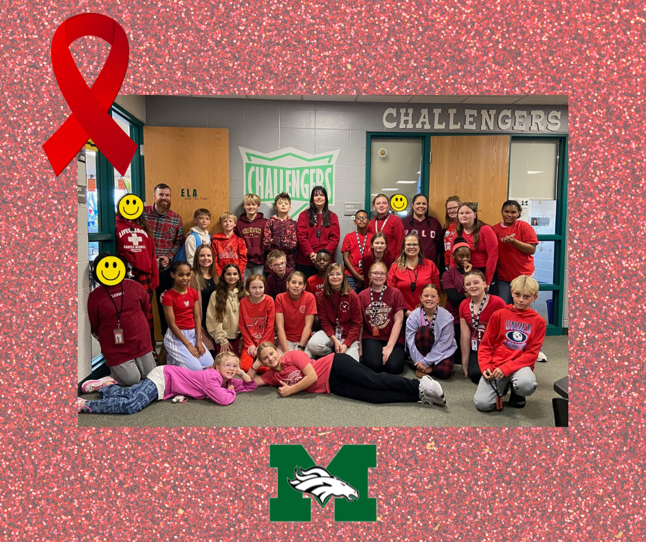 A group of students and teachers wearing red pose together in front of a classroom door labeled “Challengers.” The photo is framed with a sparkly red border, featuring a red awareness ribbon in the top left corner and the Memorial Mustang logo at the bottom. Some faces are covered with smiley face stickers for privacy.