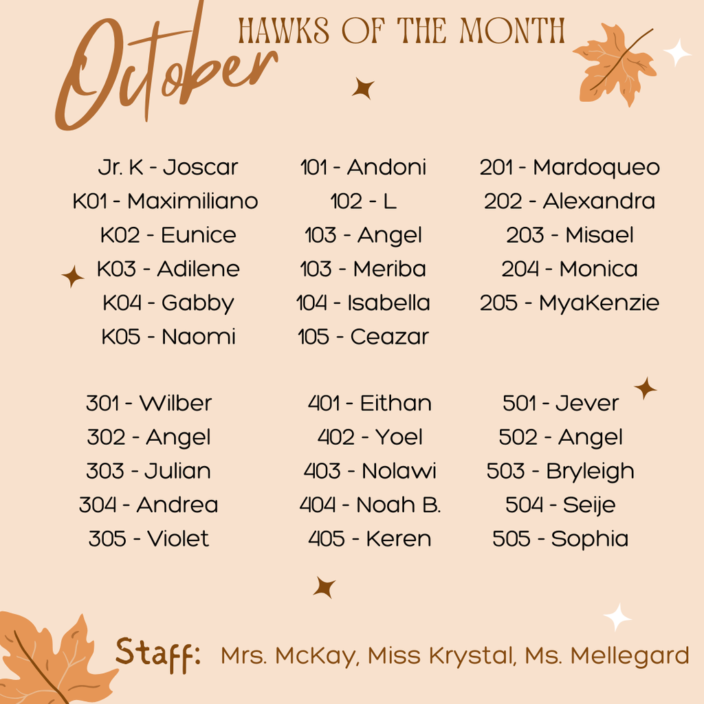 October Hawk of the Month students and staff arranged by grade level and classroom 