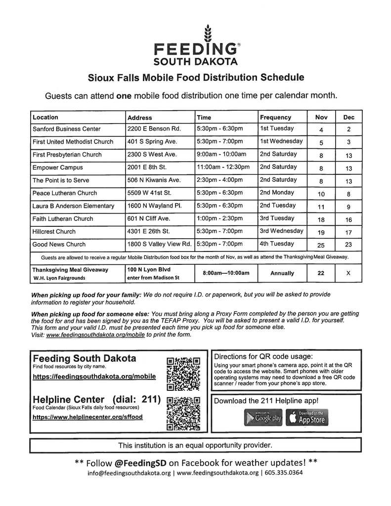 Mobile food distribution sites for Feeding South Dakota in English