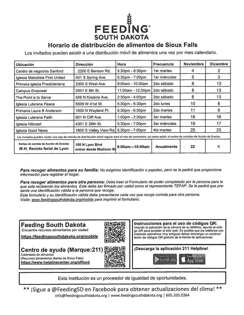 Puntos móviles de distribución de alimentos para Feeding South Dakota en español
