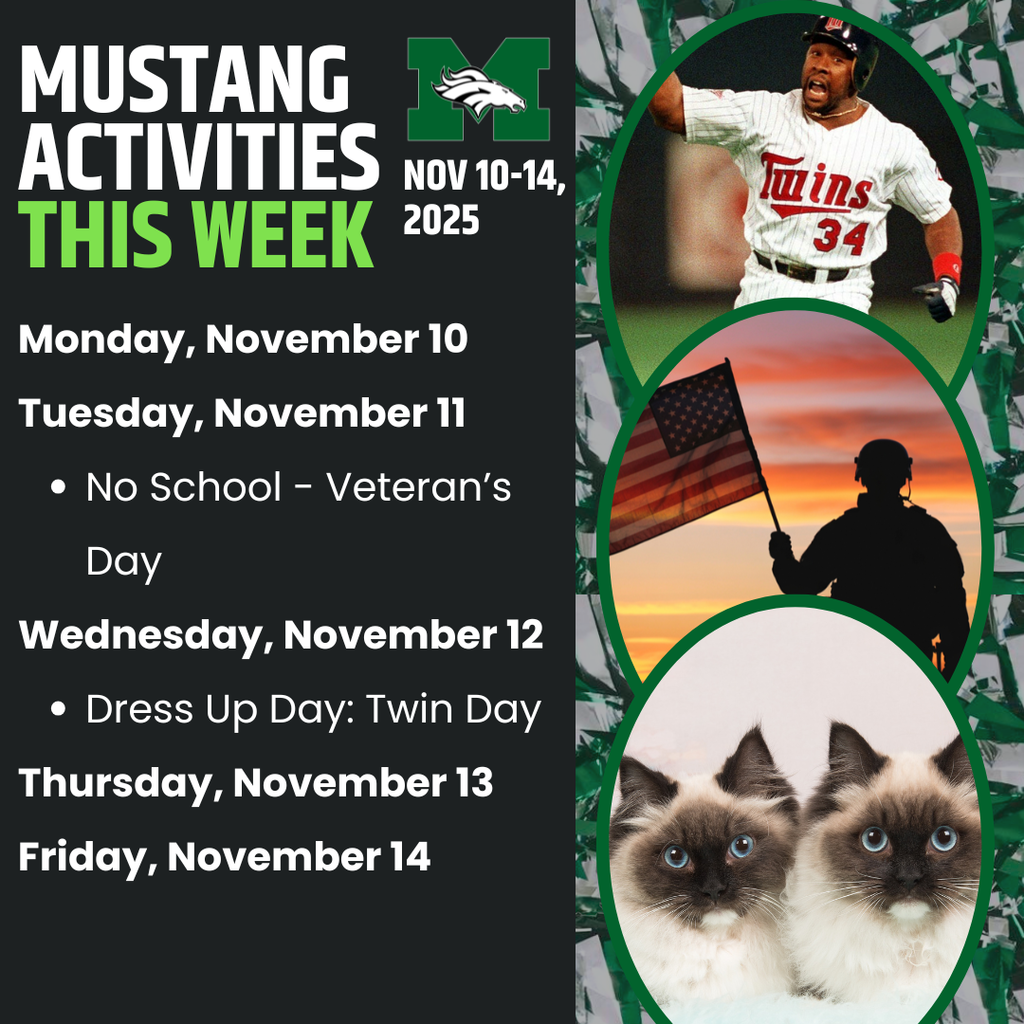 A graphic of the Memorial Middle School weekly activities schedule for November 10-15, 2025. Tuesday, November 11th is Veterans Day (No School).