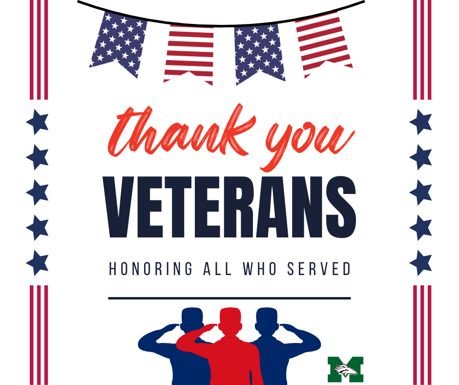 A graphic honoring Veterans Day. Text reads "Honoring All Who Served" and "Veterans Day, November 11, 2025". The background features a faded American flag with the silhouette of a saluting soldier in the foreground. The Memorial Middle School Mustangs logo is in the bottom right corner.