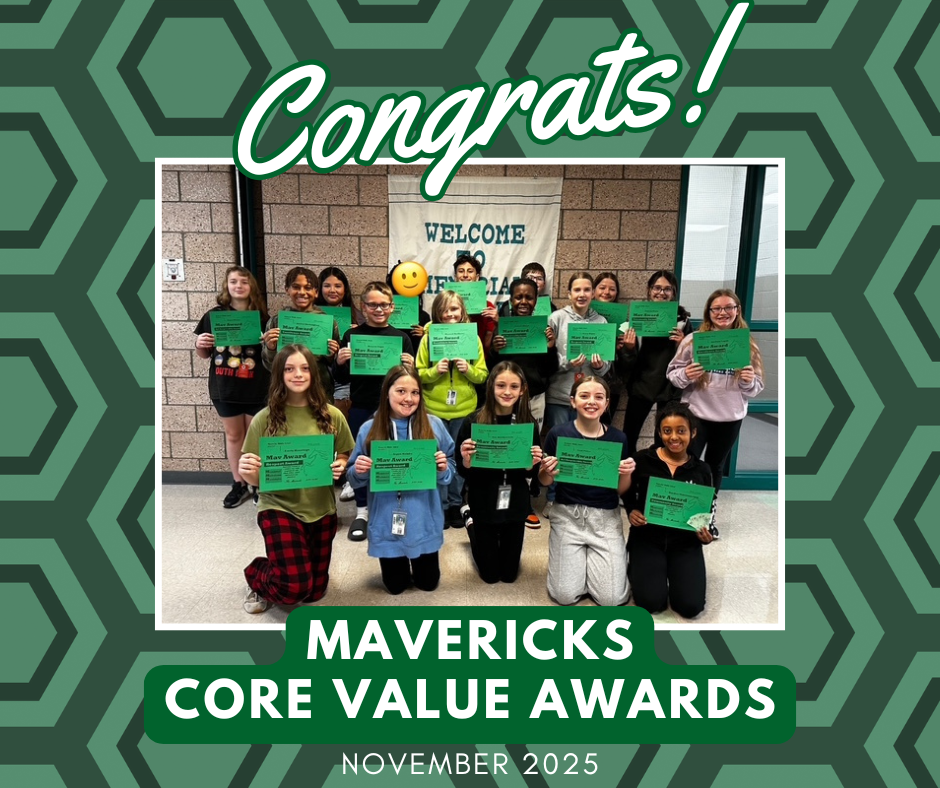 A group of Memorial Middle School students from the Mavericks team stand in three rows in the hallway. Each student proudly holds a "Mustang C.A.R.E. Award" certificate recognizing them for demonstrating school core values.