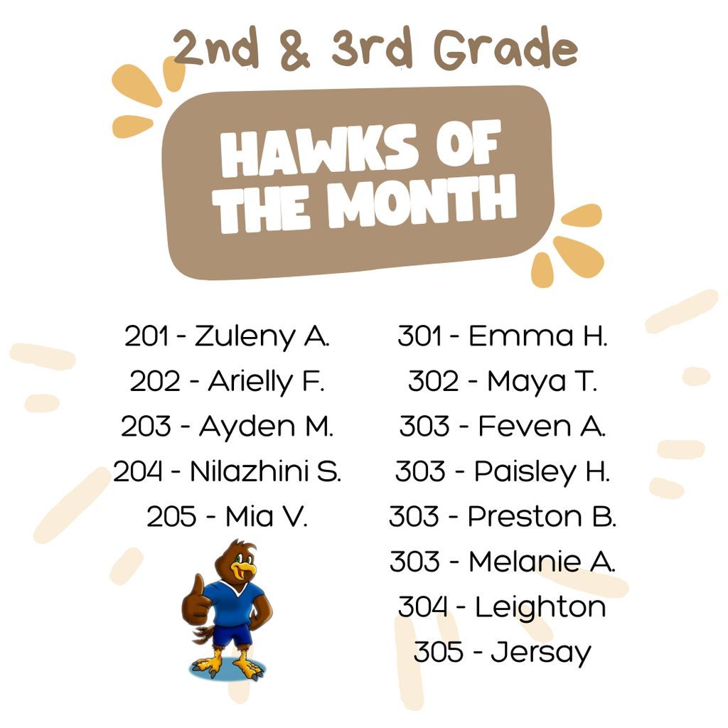 2nd and 3rd grade November Hawks of the Month Student Names