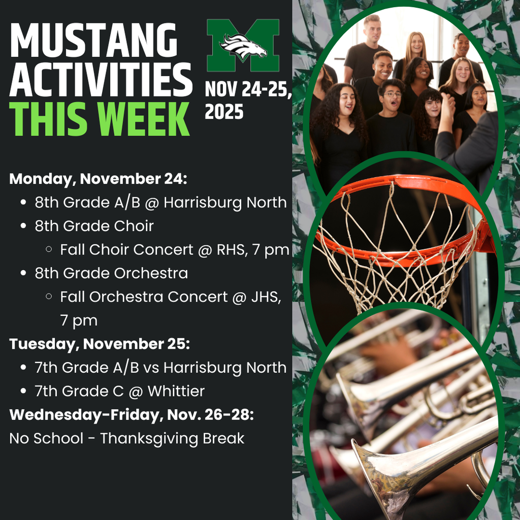 Calendar graphic showing Memorial Middle School activities for November 24th and 25th, with a "No School" block for Wednesday through Friday.