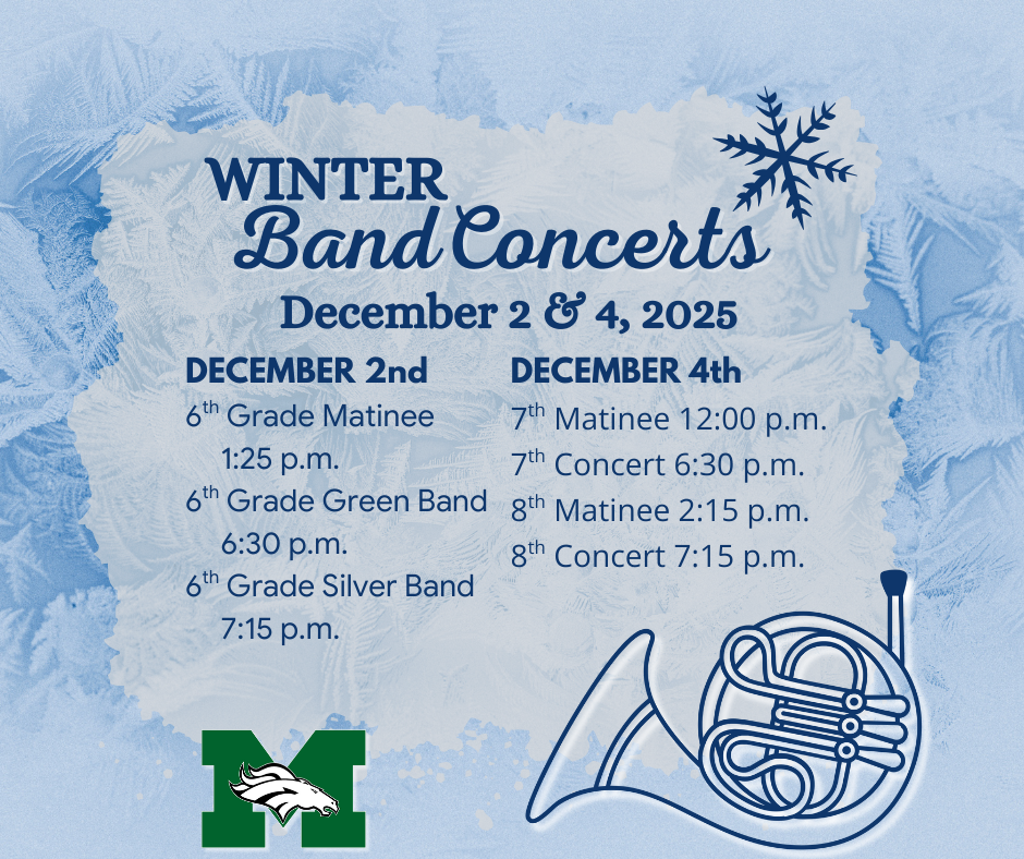 A blue and white frost-inspired image that announces the dates and times of the winter band concerts.
