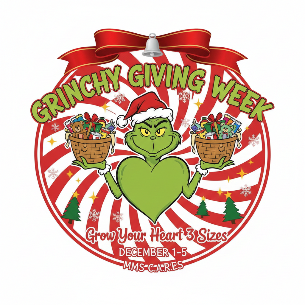 A festive circular graphic with red-and-white peppermint swirl stripes in the background. At the top is a large red ribbon with a silver bell. In the center, a cartoon Grinch wearing a Santa hat holds two overflowing baskets of gifts and canned goods. His chest displays a large green heart. Snowflakes and small evergreen trees decorate the background. Text reads “Grinchy Giving Week” at the top and “Grow Your Heart 3 Sizes,” “December 1–5,” and “MMS C.A.R.E.S” at the bottom.