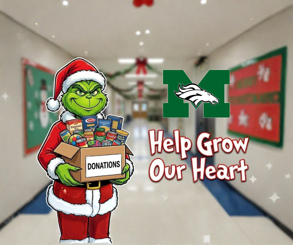 A holiday-themed graphic showing the Grinch dressed in a Santa suit holding a donation box filled with canned and boxed food items. Behind him is a blurred school hallway decorated with green and red holiday décor. The Memorial “M” logo with the Mustang appears to his right, along with the text “Help Grow Our Heart.”