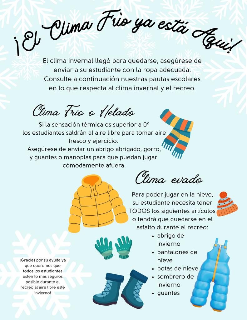Cold weather winter gear for school safety in Spanish