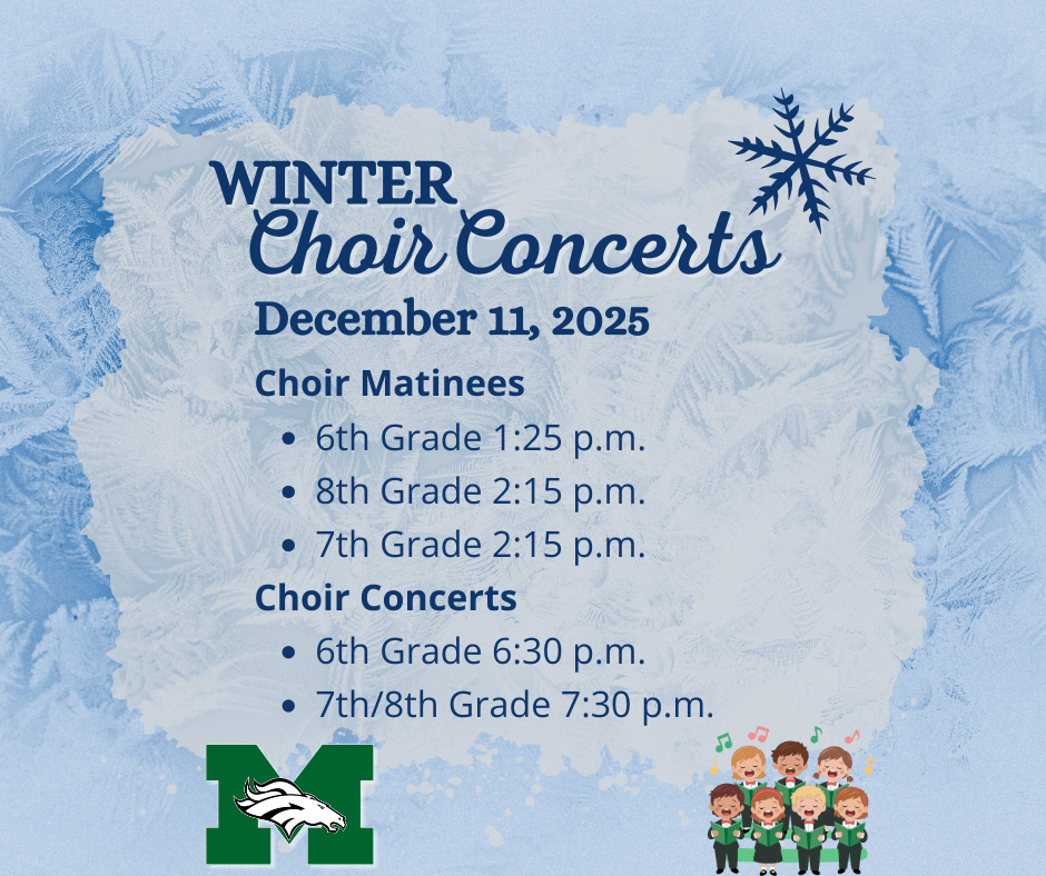 A graphic for the Memorial Middle School Winter Choir Concerts with festive blue and silver accents. The text reads: "Winter Choir Concerts. Thursday, December 11"