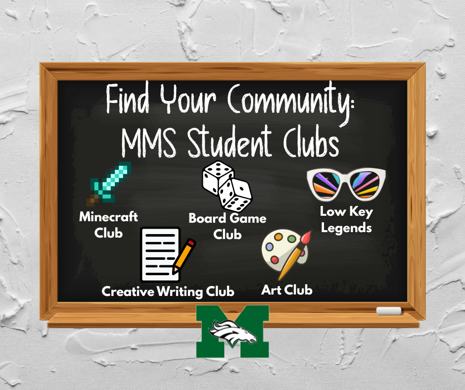 A graphic titled "Find Your Tribe: MMS Student Clubs" featuring icons representing different activities. The list includes: Minecraft Club, Board Game Club, Low Key Legends, Creative Writing Club, and Art Club. The background is a chalkboard on a textured white plaster wall.