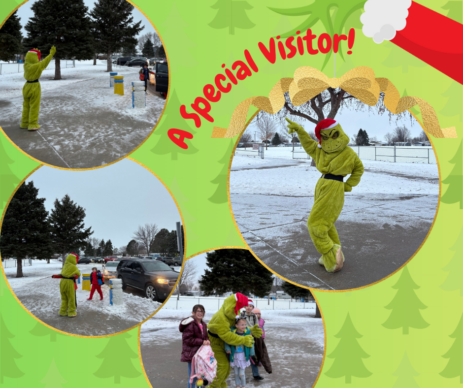 The Grinch greeting students as they arrived Friday morning.