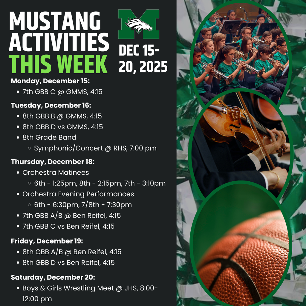 A graphic titled "2025-12-15 MS Activities Schedule" featuring the Memorial Middle School logo. The schedule lists: Monday: 7th Girls Basketball at GMMS. Tuesday: 8th Girls Basketball vs GMMS, and 8th Grade Band Concert at RHS at 7:00 PM. Thursday: Orchestra Matinees and Evening Performances, and 7th Girls Basketball vs Ben Reifel. Friday: 8th Girls Basketball vs Ben Reifel. Saturday: Boys & Girls Wrestling Meet at JHS.