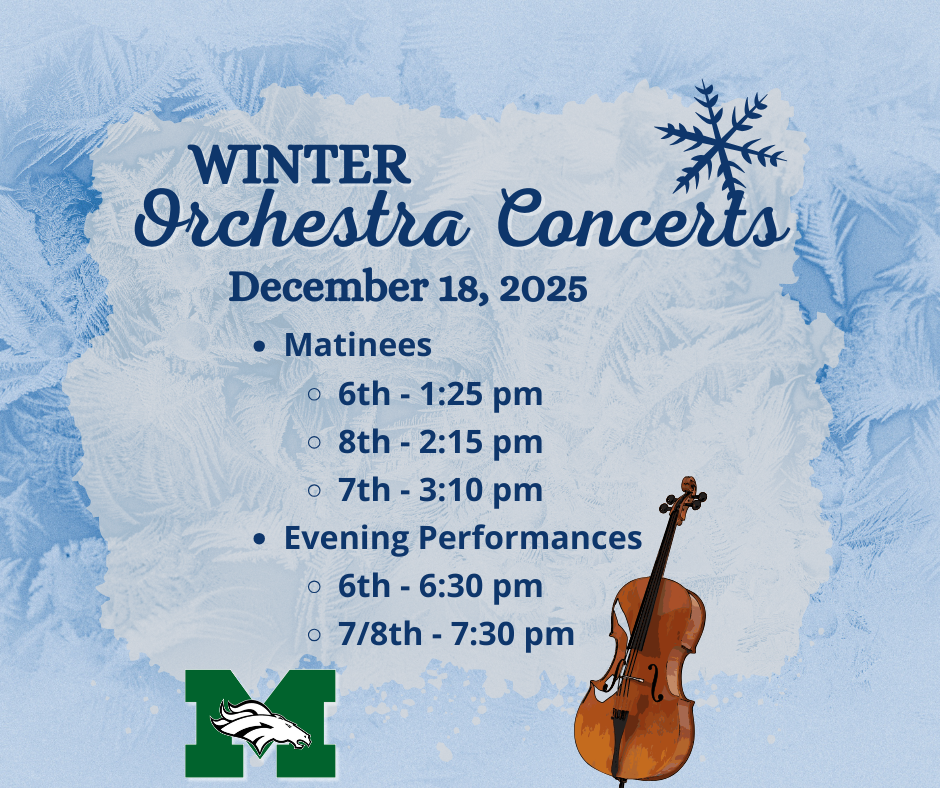 A promotional graphic for the Memorial Middle School Winter Orchestra Concerts. The text lists Matinee times: 6th Grade at 1:25 PM, 8th Grade at 2:15 PM, and 7th Grade at 3:10 PM. It lists Evening Performances: 6th Grade at 6:30 PM, and 7th/8th Grade at 7:30 PM. The graphic features the Memorial Mustang logo and school colors.