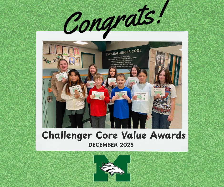 A group of smiling students from the Challenger team standing in a row, holding their "Mustang Core Value" certificates. They are dressed in school attire. The background features Memorial Middle School colors.
