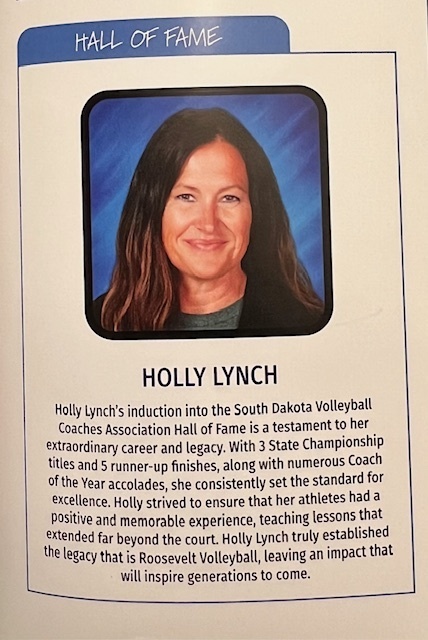 A printed Hall of Fame display featuring a portrait of Holly Lynch with the heading “Hall of Fame” and her name below. The text describes her induction into the South Dakota Volleyball Coaches Association Hall of Fame and highlights her coaching accomplishments and legacy.