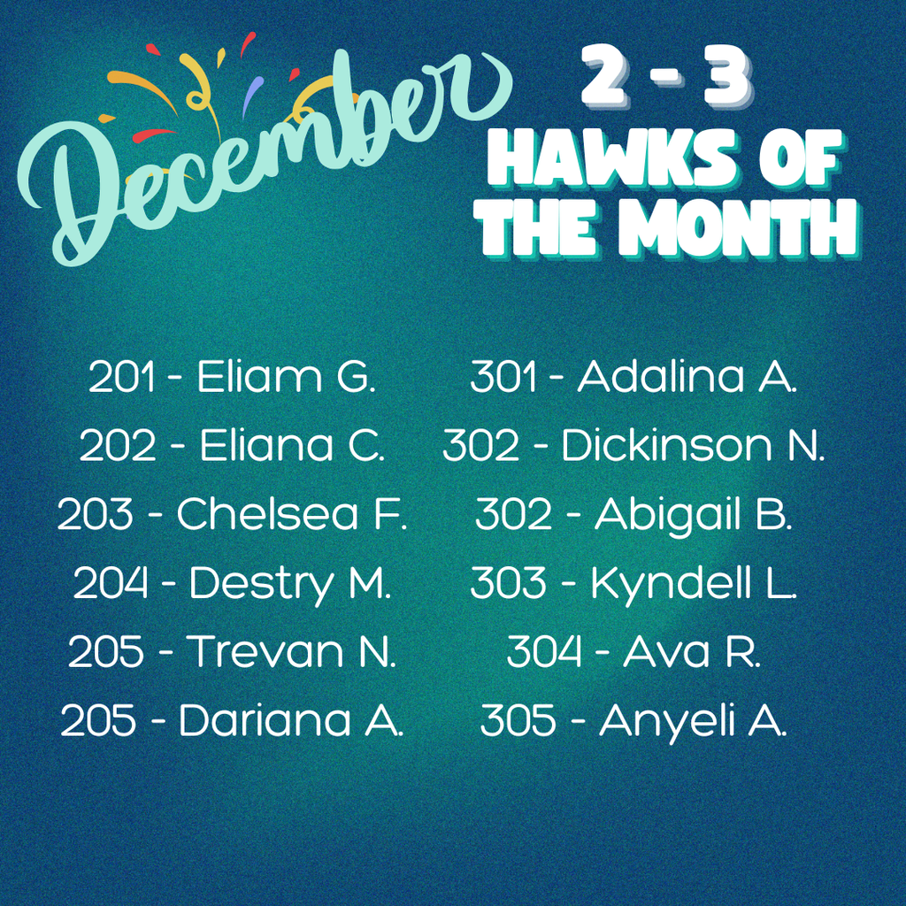 December hawk of the month names by classroom