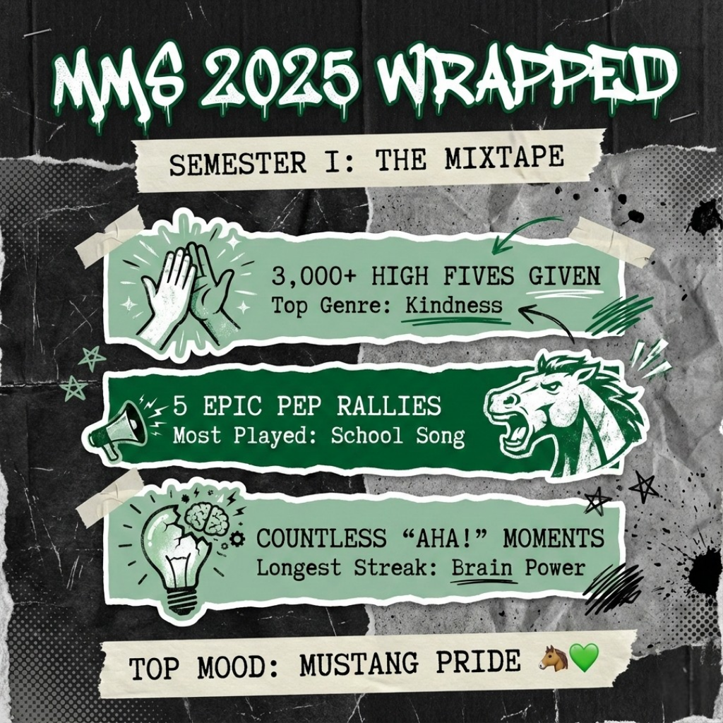 A social media graphic styled like the 2025 Spotify Wrapped "mixtape" theme for MMS Middle School. The background is a dark, gritty texture resembling crumpled black paper.