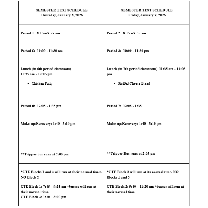 Semester Test Schedule