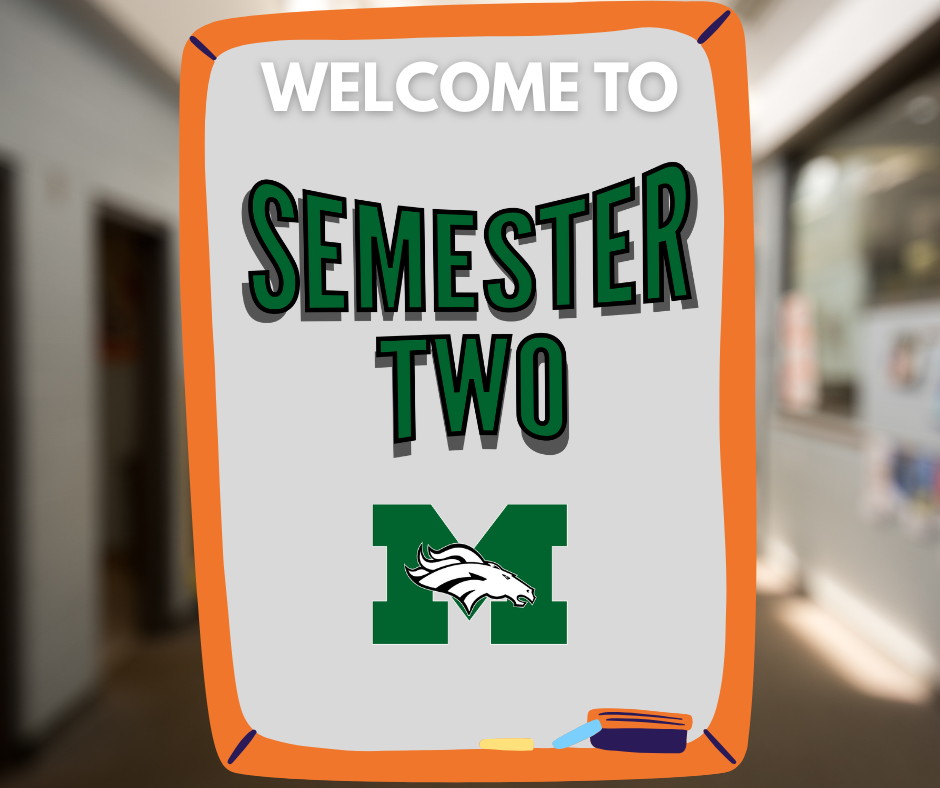 A chalkboard with text saying "Welcome to Semester Two" with the Memorial Logo at the bottom