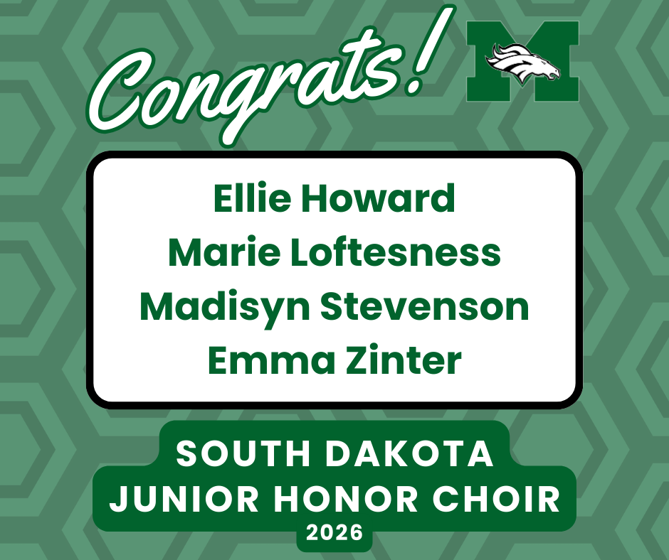 Green patterned graphic with the word “Congrats!” and the Memorial Mustang “M” logo at the top. In a white rounded rectangle, the names “Ellie Howard,” “Marie Loftesness,” “Madisyn Stevenson,” and “Emma Zinter” are listed in green text. At the bottom, it reads “South Dakota Junior Honor Choir 2026.”