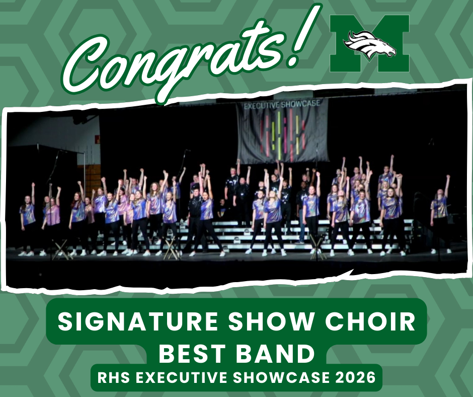 A green celebratory graphic congratulating Memorial Middle School’s Signature Show Choir. At the top, the word “Congrats!” appears alongside the Memorial Mustang logo. The main image shows the Signature Show Choir performing on stage in coordinated outfits, standing on risers with arms raised at the end of a performance beneath a banner reading “Executive Showcase.” At the bottom, bold text reads “Signature Show Choir – Best Band” and “RHS Executive Showcase 2026,” highlighting their award and achievement.
