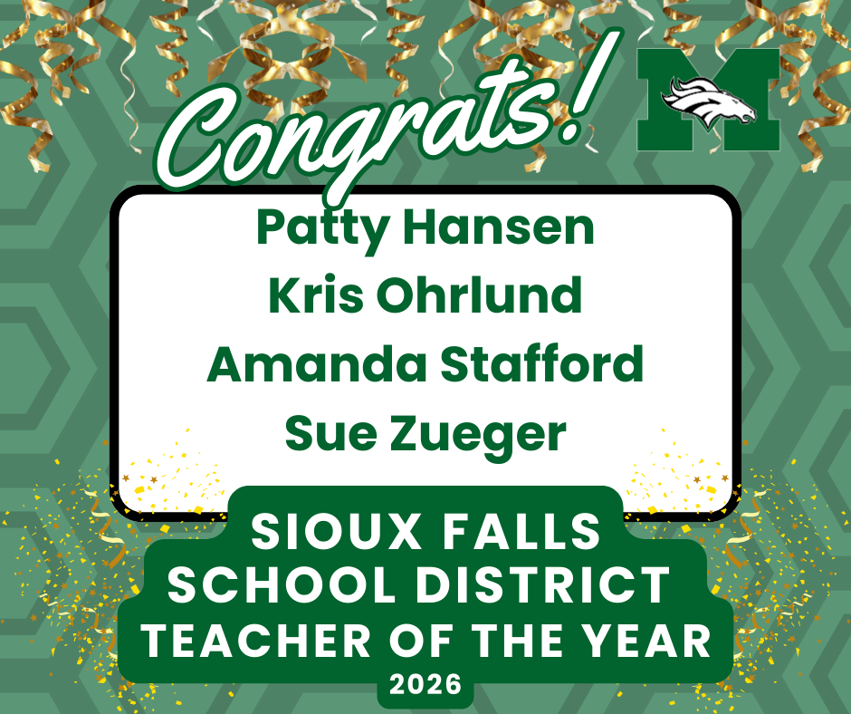 Green celebratory graphic with gold streamers and confetti. The text says “Congrats!” and lists Patty Hansen, Kris Ohrlund, Amanda Stafford, and Sue Zueger. The bottom text reads “Sioux Falls School District Teacher of the Year 2026,” with a Memorial “M” logo in the top right.