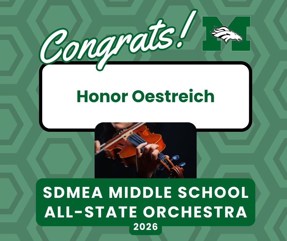 Green Memorial-themed congratulatory graphic with a subtle hexagon pattern and a Memorial “M” logo in the top-right. Large script text reads “Congrats!” A white nameplate in the center says “Honor Oestreich.” Below is a photo of a student playing a violin. A dark green banner across the bottom reads “SDMEA Middle School All-State Orchestra,” with “2026” underneath.
