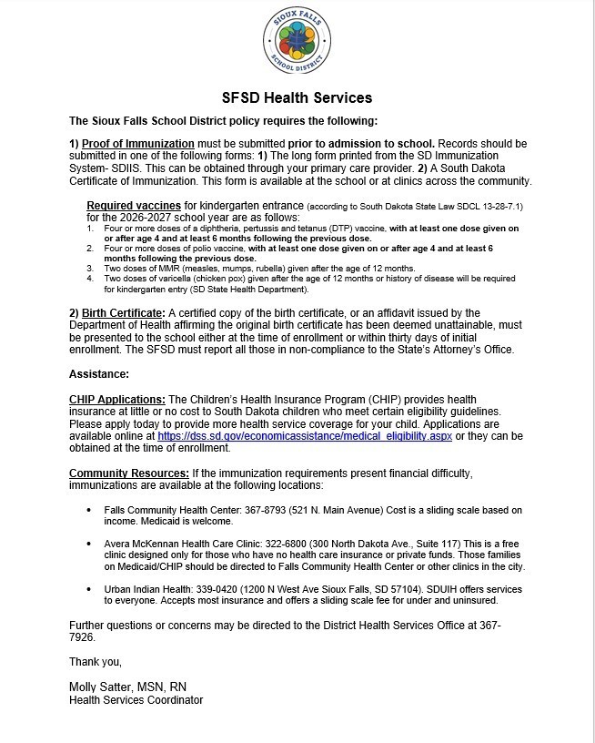 Form describing vaccination requirements for school per state law