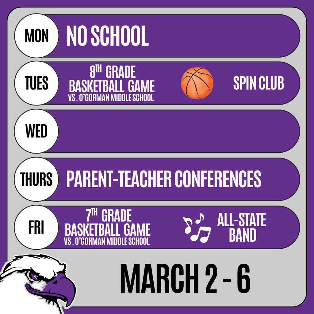 Calendar of events for March 2 -6. 