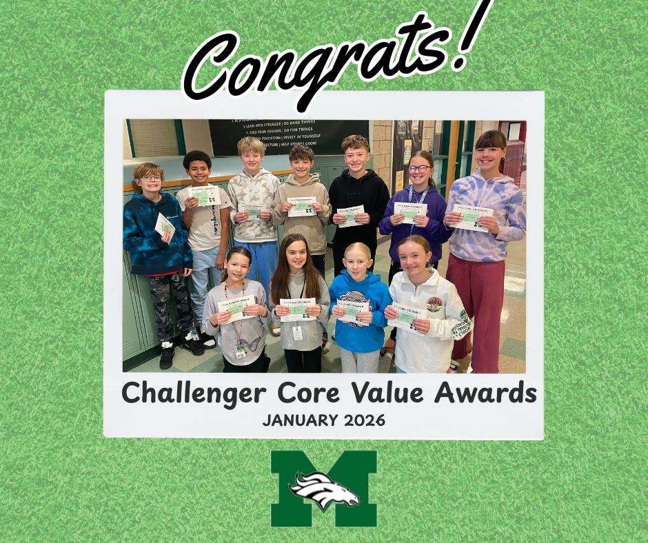 Green textured graphic with the word “Congrats!” at the top. A group photo shows eleven Memorial Middle School students in a hallway, smiling and holding certificates. Text below the photo reads “Challenger Core Value Awards” and “January 2026,” with the Memorial “M” Mustang logo at the bottom.