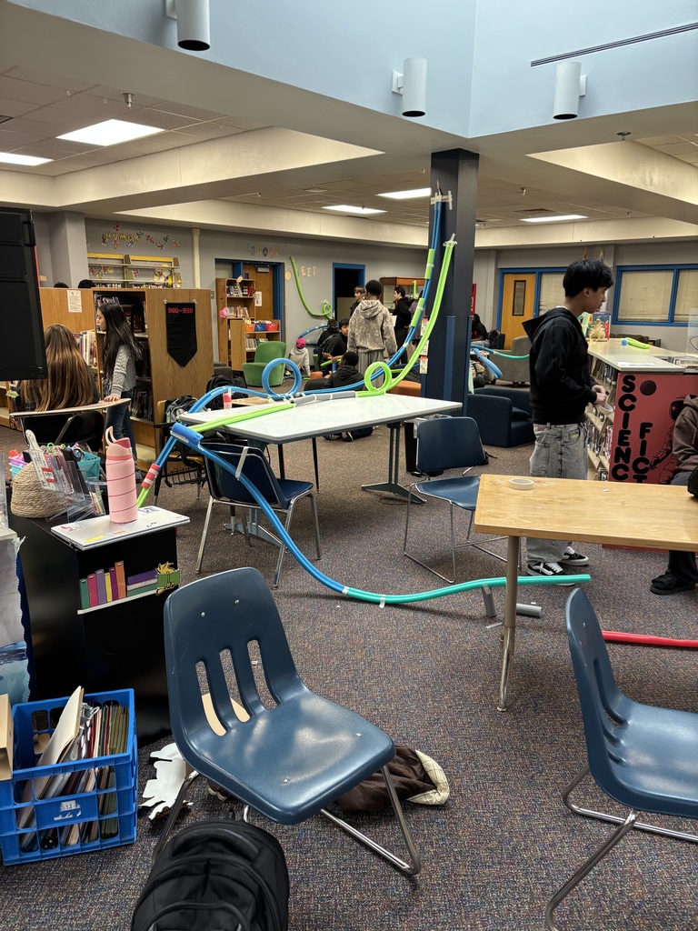 A pool noodle roller coaster in the library