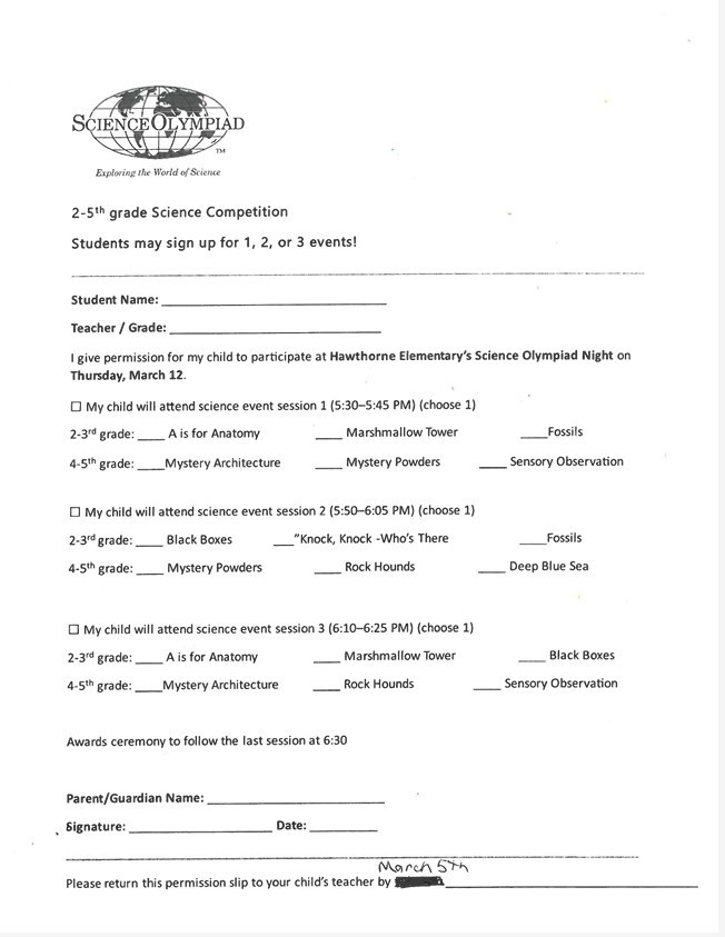 Sign up sheet for Scient Olympiad Night, Thursday March 12th