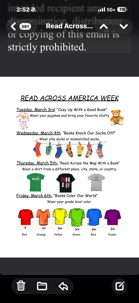 Tuesday - wear pj’s and bring a stuffy.  Wednesday - wear crazy socks. Thursday - wear a shirt from a different place. Friday - wear your grade level color (K-red; 1-orange; 2- yellow; 3- green; 4-blue; 5-purple)