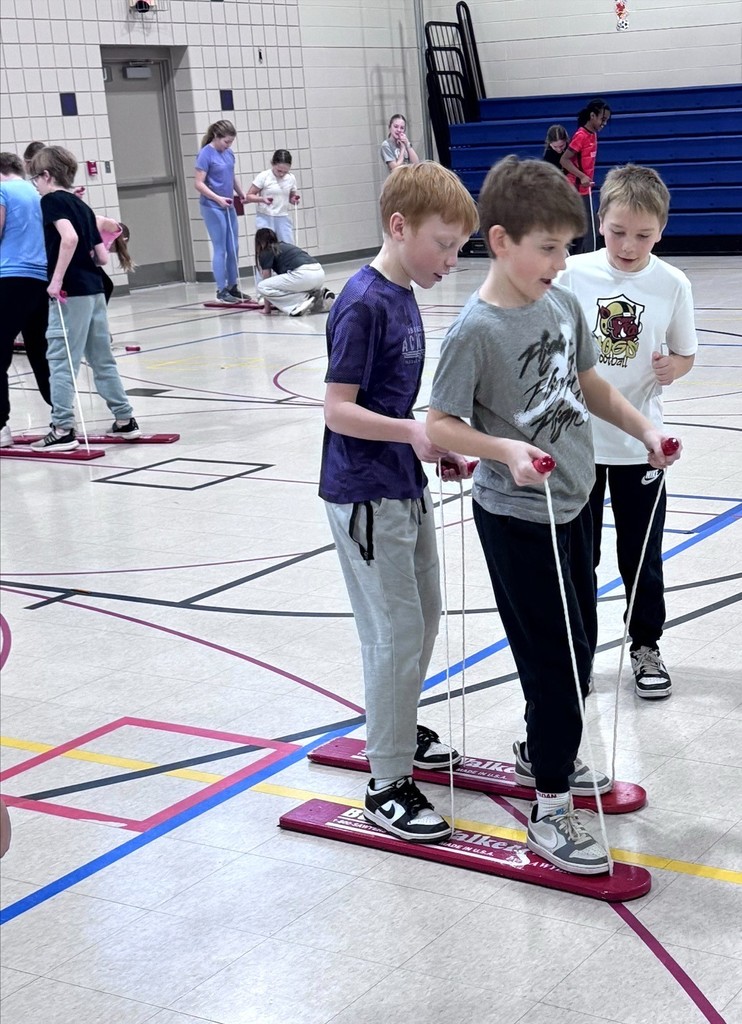 Students cross country skiing in PE class. 