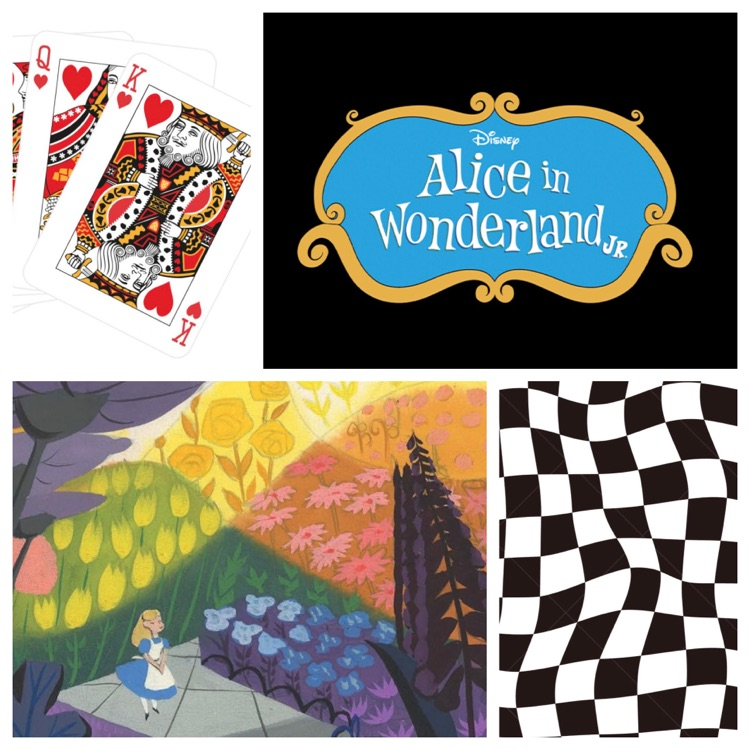 a collage style graphic of Alice in wonderland images