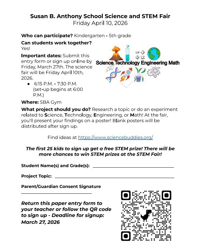 Science and STEM Fair April 10th. QR code sign up. 