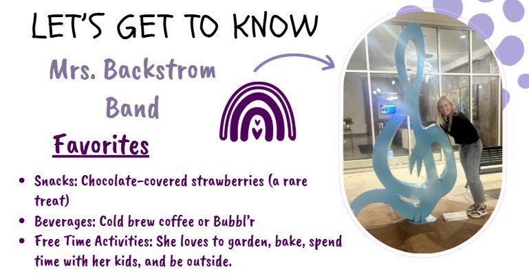 Band teacher Kaitlyn Backstrom with a musical note statue