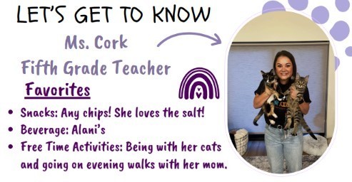 Teacher Ms. Cork holding two  cats