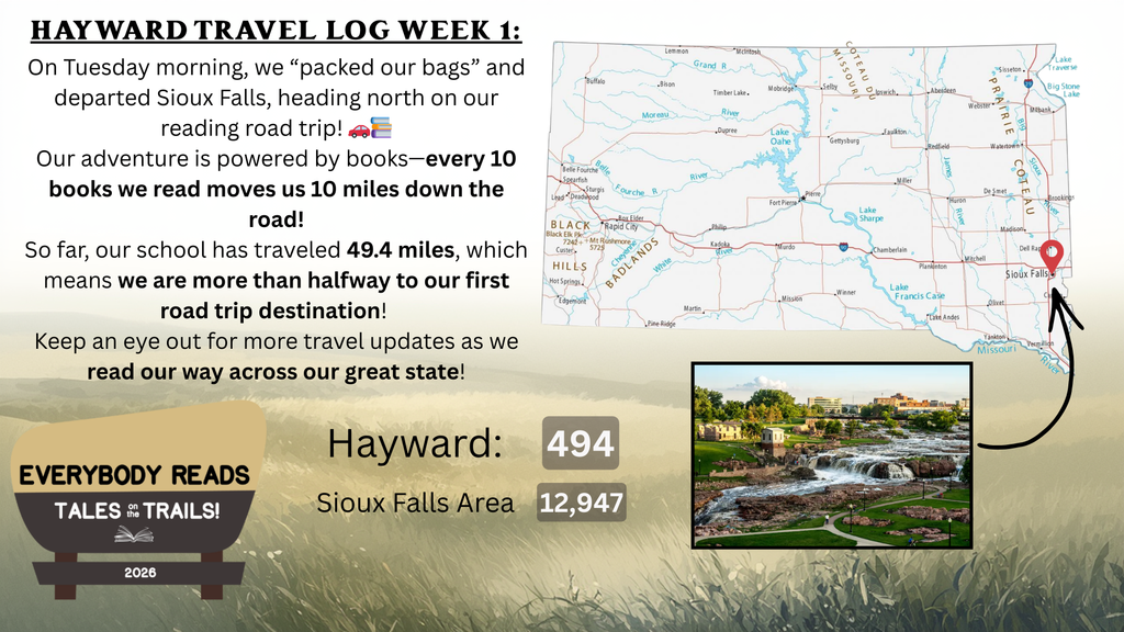 Un mapa de Dakota del Sur con una foto de Falls Park y una flecha que apunta a la ubicación en el mapa.