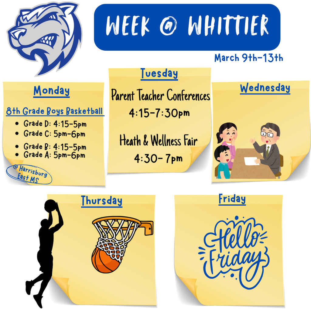 Post showing the events at Whittier for the week of March 9th to March 13th