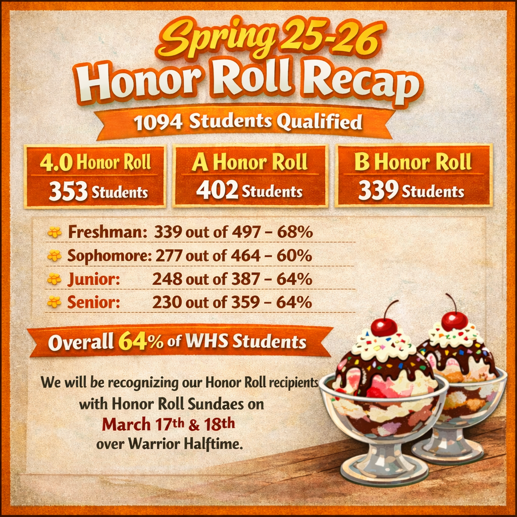We will be recognizing our Honor Roll recipients with Honor Roll Sundaes on March 17th & 18th over Warrior Halftime.