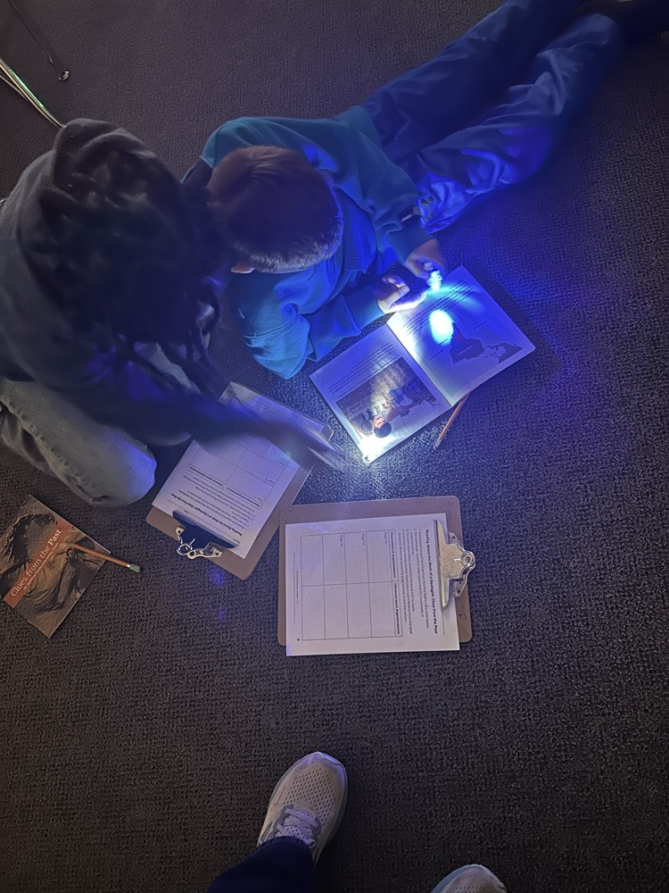 two students reading with flashlights 