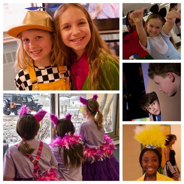 a collage style photo of students rehearsing for Alice in wonderland
