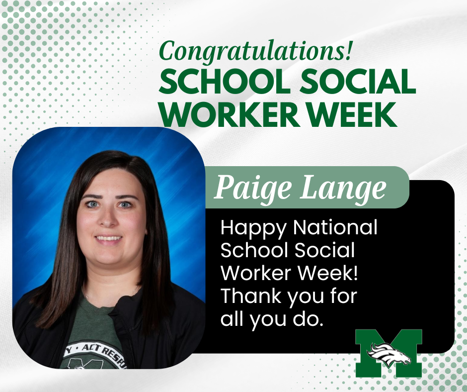 Photograph of the Memorial Middle School social worker smiling warmly. Text overlay in green and silver reads: "Happy National School Social Worker Week! Thank you for all you do.