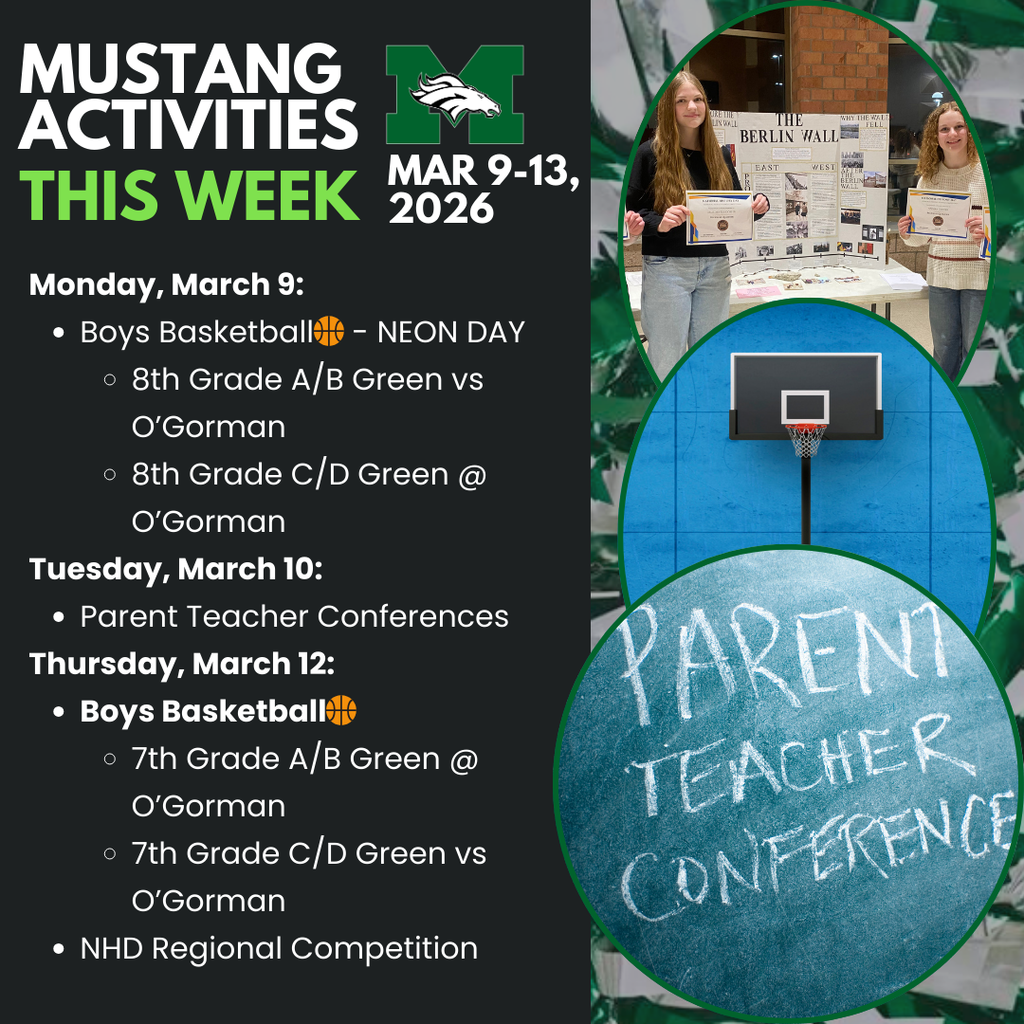 Memorial Middle School “Mustang Activities This Week” graphic for Mar. 9–13, 2026 with the Memorial “M” logo. Images on the right show students holding certificates by a National History Day display, a basketball hoop, and a chalkboard that reads “Parent Teacher Conference.”