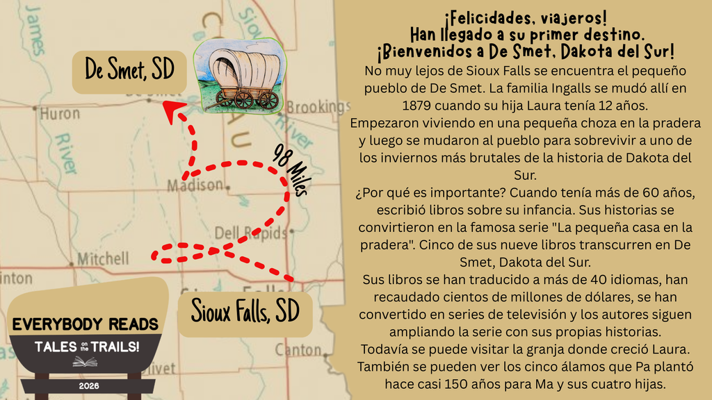 map of SD with a red dotted line from Sioux Falls to De Smet 