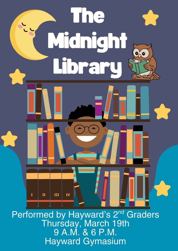 Bookshelves with a child and reading owl on a dark background with stars and a moon
