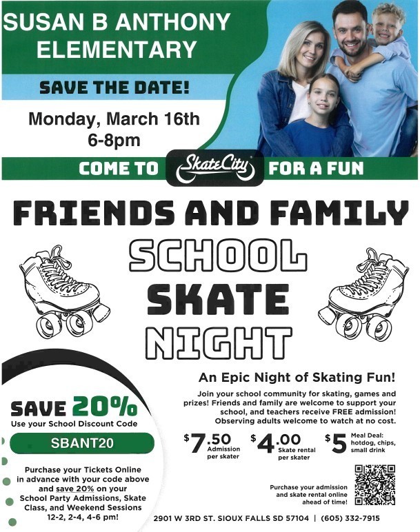 School Skate Party Monday, March 16th 6-8pm