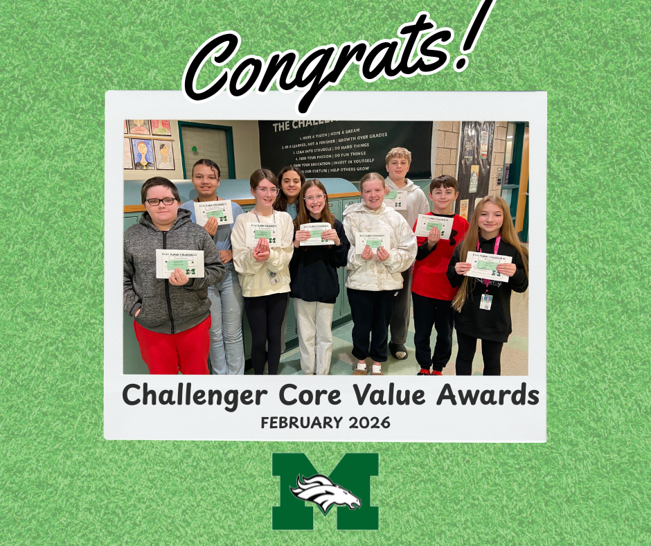Group of Memorial Middle School students holding certificates for the Challenger Core Value Awards for February 2026. The graphic reads “Congrats!” and highlights students recognized for demonstrating the school’s core values.
